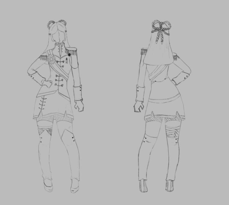 Front and Back View. I drew my character from the front and back view, then started adding details to my character. My character is wearing a mask that covers her whole face.