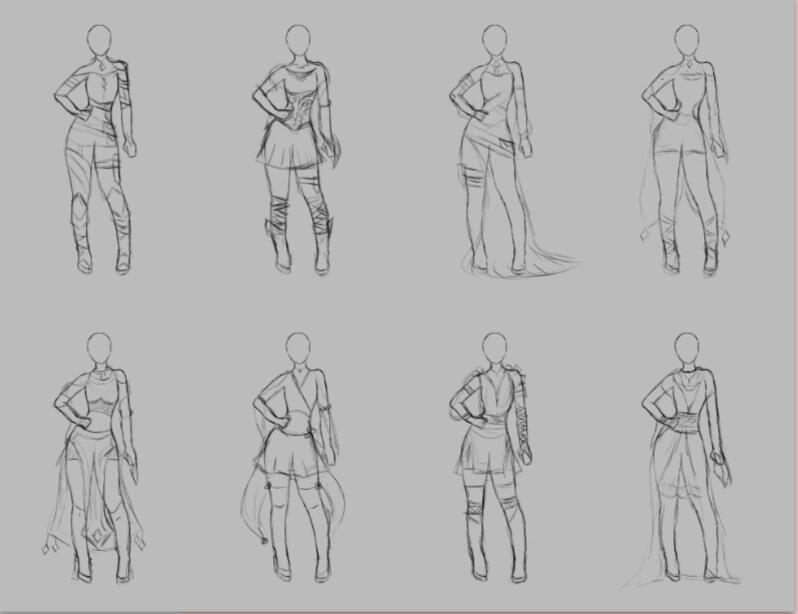 First 8 Thumbnails. I drew a mannequin for my character. I had a pose in mind, but I struggle with anatomy because I rarely take the time to study human anatomy. Once I was happy with the pose, I began sketching different outfits for my character. I made a