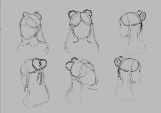 Hairstyle in different angles. For the hairstyle, I liked the idea of braids. I drew a hairstyle where 2 braids create a ribbon at the back, from the front they look like buns, then the rest of the hair lays flat.