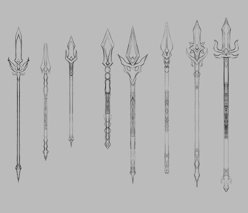 8 Spear weapon designs. I began working on the weapon design for my character, she is using a spear. I looked online at spear designs for inspiration and drew 8 different designs. I picked which spear would most suit the character.